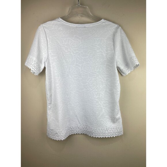 Chances R Embossed Blouse Womens M White Eyelet Sleeve Roses Cottage - Picture 5 of 5